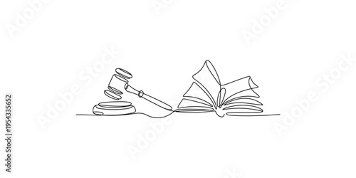 Continuous line drawing of a judges gavel and open law book on a desk legal
