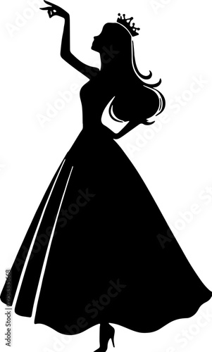 Silhouette of an Elegant Princess or Queen in a Ball Gown with a Crown Pointing Upwards