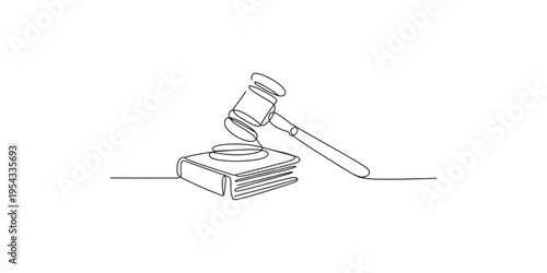 Continuous line drawing of a gavel resting on a stack of books law justice court