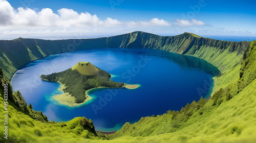 Impressive panorama of the crater lake Lagoa Azul with lush green colours and a blue sky, crater circular hiking trail, Caldeira das Sete Cidades, Lagoa Azul, Sao Miguel Island, Portugal