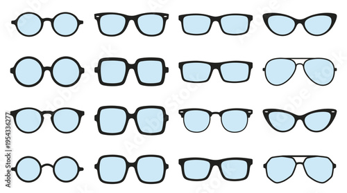 Eyeglass Frame Styles Vector Chart – Collection of Sixteen Popular Glasses Shapes Including Round, Oval, Aviator, Cat‑Eye, Square, Rectangular, Butterfly, Browline Vector Illustration Pack
