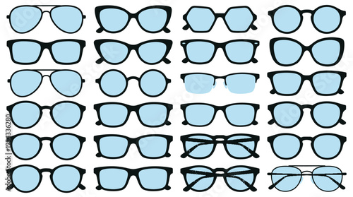 Eyeglass Frame Styles Vector Chart – Collection of Sixteen Popular Glasses Shapes Including Round, Oval, Aviator, Cat‑Eye, Square, Rectangular, Butterfly, Browline Vector Illustration Pack