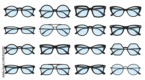 Eyeglass Frame Styles Vector Chart – Collection of Sixteen Popular Glasses Shapes Including Round, Oval, Aviator, Cat‑Eye, Square, Rectangular, Butterfly, Browline Vector Illustration Pack