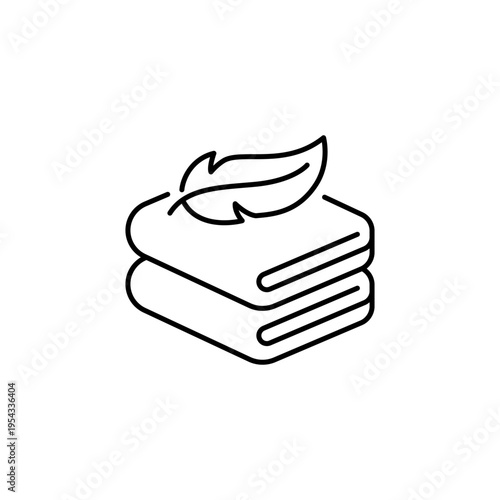 Bath towel with feather icon set. Folded towels soft, gentle, fluffy for hotel, spa, kitchen, bathroom. Stacked textile fabric icons. Suitable for sensitive skin, all skin type. Vector Illustration.