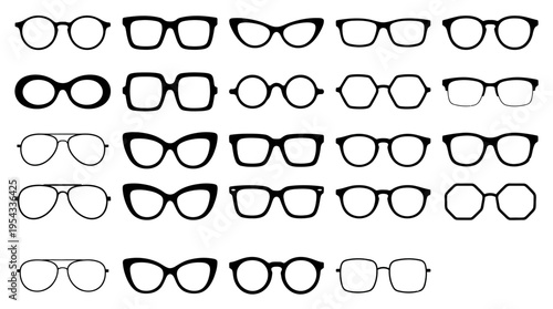 Eyeglass Frames Vector Collection – Outline Designs Featuring Round, Oval, Square, Rectangular, Cat‑Eye, Hexagonal Styles in Black Minimalist Eyewear Vector Illustration Pack