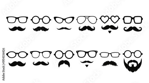 Eyeglasses and Facial Hair Vector Silhouettes – Stylish Collection of Round, Square, Cat‑Eye Glasses with Mustaches, Beards, Goatee, Monocle Fashion Accessories Vector Illustration Pack
