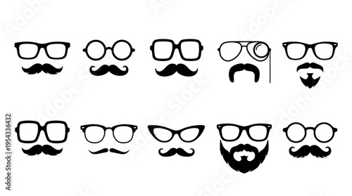 Eyeglasses and Facial Hair Vector Silhouettes – Stylish Collection of Round, Square, Cat‑Eye Glasses with Mustaches, Beards, Goatee, Monocle Fashion Accessories Vector Illustration Pack