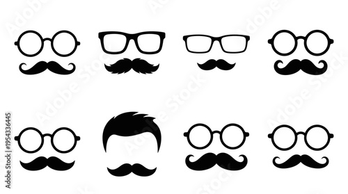 Eyeglasses and Mustache Vector Silhouettes – Retro Facial Accessories Collection Featuring Round, Square, Rectangular Glasses, Stylish Mustaches, and Hair Icon Vector Illustration Pack