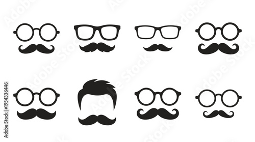 Eyeglasses and Mustache Vector Silhouettes – Retro Facial Accessories Collection Featuring Round, Square, Rectangular Glasses, Stylish Mustaches, and Hair Icon Vector Illustration Pack