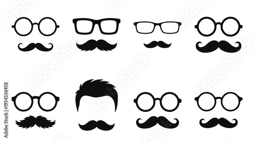 Eyeglasses and Mustache Vector Silhouettes – Retro Facial Accessories Collection Featuring Round, Square, Rectangular Glasses, Stylish Mustaches, and Hair Icon Vector Illustration Pack