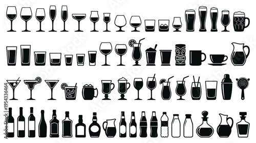 Drinkware Vector Icons Collection – Black and White Silhouettes of Wine Glasses, Cocktail Glasses, Beer Mugs, Bottles, Tumblers, Coffee Cups, Beverage Containers Vector Illustration Pack