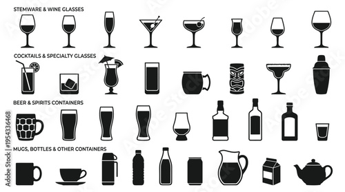 Drinkware Vector Icons Collection – Black and White Silhouettes of Wine Glasses, Cocktail Glasses, Beer Mugs, Bottles, Tumblers, Coffee Cups, Beverage Containers Vector Illustration Pack