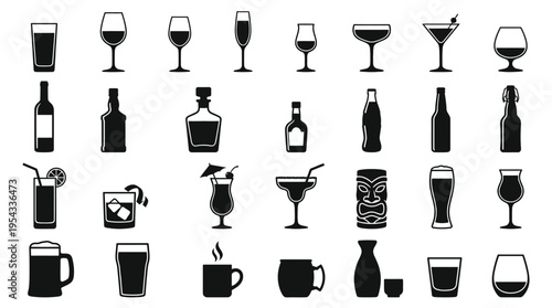 Drinkware Vector Icons Collection – Black and White Silhouettes of Wine Glasses, Cocktail Glasses, Beer Mugs, Bottles, Tumblers, Coffee Cups, Beverage Containers Vector Illustration Pack