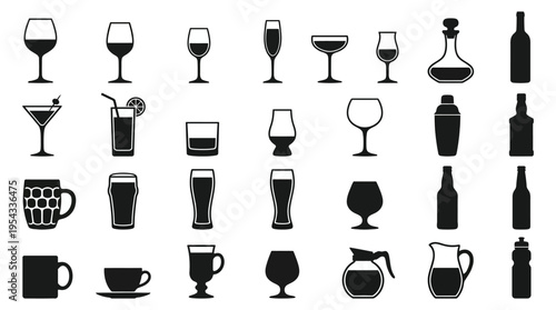 Drinkware Vector Icons Collection – Black and White Silhouettes of Wine Glasses, Cocktail Glasses, Beer Mugs, Bottles, Tumblers, Coffee Cups, Beverage Containers Vector Illustration Pack