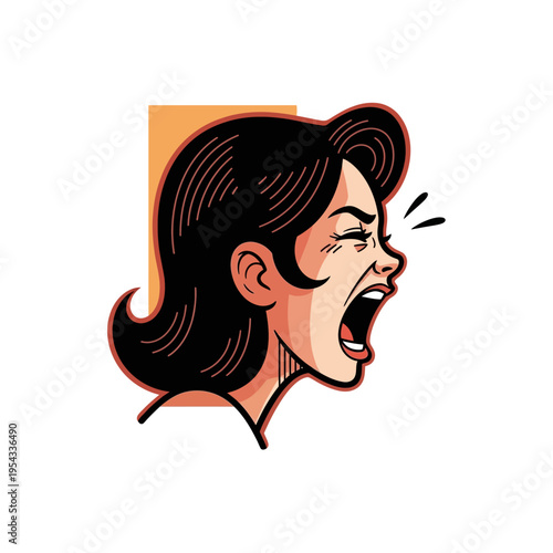 A stylized illustration of a woman's head in profile, screaming with her mouth wide open.