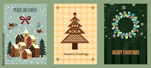 Christmas backgrounds and cartoon style set vector illustration. Christmas cards in modern minimalist geometric style. Modern greeting merry xmas and happy new year with typography, christmas tree, ba