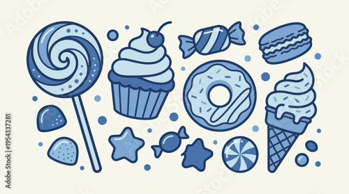 Assortment of blue-toned sweet treats and candies in a playful doodle style.