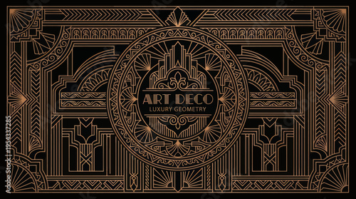 Art Deco Geometric Pattern with Golden Lines and Cityscape Silhouette.