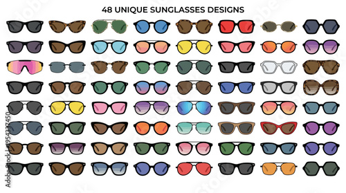 Sunglasses Vector Collection – Stylish Round, Aviator, Cat‑Eye, Hexagonal, Rectangular Frames with Colorful Lenses in Modern Fashion Eyewear Vector Illustration Pack for Design