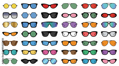 Sunglasses Vector Collection – Stylish Round, Aviator, Cat‑Eye, Hexagonal, Rectangular Frames with Colorful Lenses in Modern Fashion Eyewear Vector Illustration Pack for Design