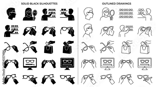 Eyewear Shopping Vector Icons Pack – Solid Black Silhouettes and Outlined Drawings of Glasses, Mirror, Computer, Bag, Hands Holding Eyewear, Minimalist Line Art Vector
