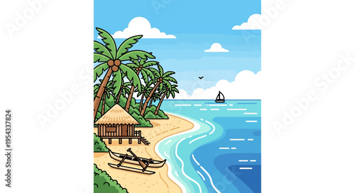 Tropical beach scene with palm trees and hut