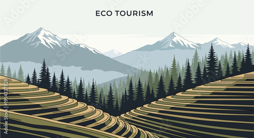 Eco tourism mountain landscape with terraced fields and forest