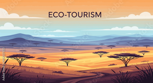 Eco tourism landscape with savannah trees and mountains