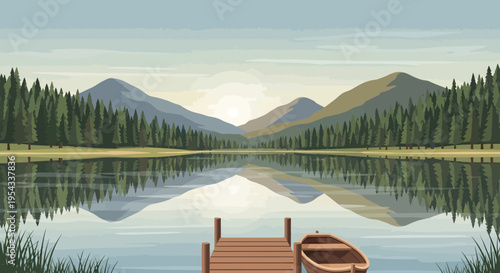 Serene lake landscape with wooden dock and small boat