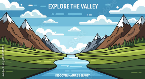 Valley landscape with mountains river and trees