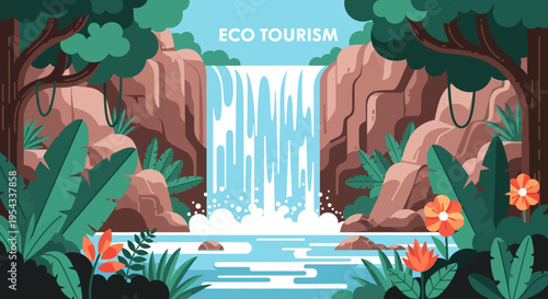 Eco tourism waterfall in lush forest with natural rocks