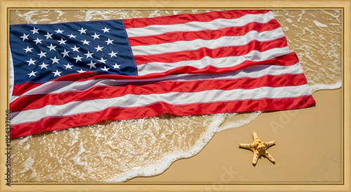 American flag on sandy beach with starfish and ocean waves gently washing over it