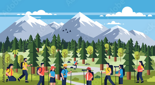 Hikers in forest with mountains