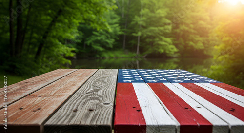 American flag painted wooden picnic table outdoors