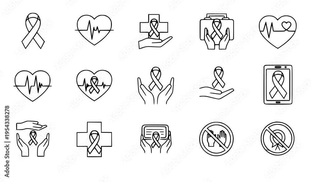 Fototapeta premium Breast cancer support healthcare icons vector awareness ribbon symbol set
