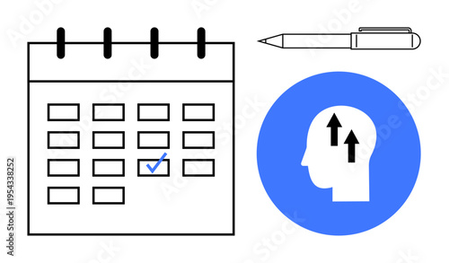 Productivity concept. Productivity with a calendar, pen, and growth mindset symbol promoting goal setting. Productivity for scheduling, planning, self-improvement, education, time management
