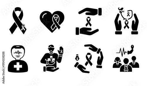 Breast cancer awareness pictogram icons vector healthcare ribbon set