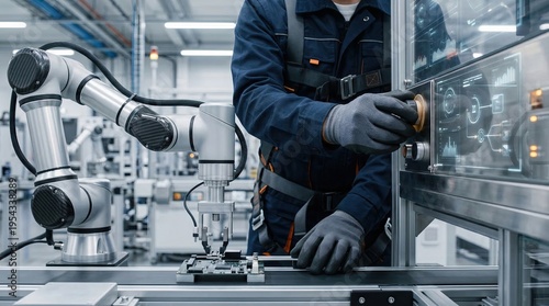Advanced robotic arm integrated with industrial control panel in smart factory, human technician adjusting settings for automated production line, hitech manufacturing technology