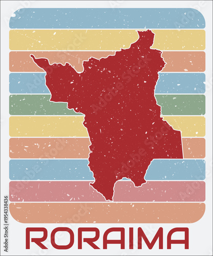 Roraima, Brazil vintage logo. Shape of the state on retro colored stripes background. Roraima, Brazil map design with grunge scratch texture. Vector illustration.
