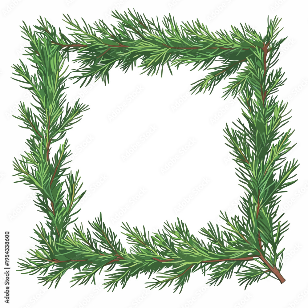 Fototapeta premium Decorative green pine branches forming a square frame for seasonal designs and greeting cards