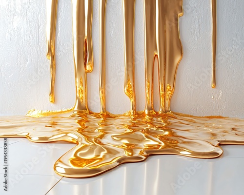 Liquid Gold Dripping and Pooling on a Smooth Surface Background