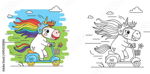 Cute Unicorn Riding a Scooter with Rainbow Mane Coloring Page for Kids, Fun Adventure Fantasy Animal Vector Illustration Set with Line Art and Colored Version for Activity Book.