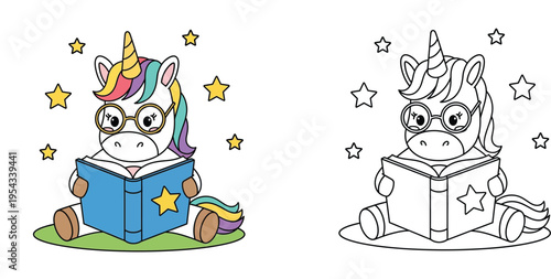 Cute Cartoon Unicorn Reading a Book with Glasses and Stars, Educational Illustration for Kids, Includes Color and Line Art Outline for Coloring Page Activity