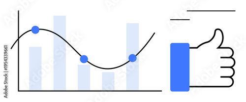 Data visualization. Data charts indicate trends using graphs and points. Thumbs-up signifies positive results and approval. Perfect for business growth, analytics tools, presentations, social media