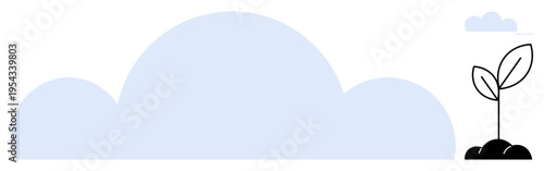 Sustainability, growth, environmental awareness, eco-friendliness, agriculture, nature. A simple sprout in soil with a large cloud backdrop. Growth and sustainability concepts