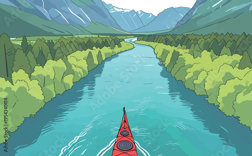 Kayaking on a river surrounded by mountains and trees during a bright day with clear skies