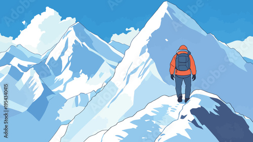 Person walks on a snowy mountain path under a clear blue sky with tall peaks around at midday