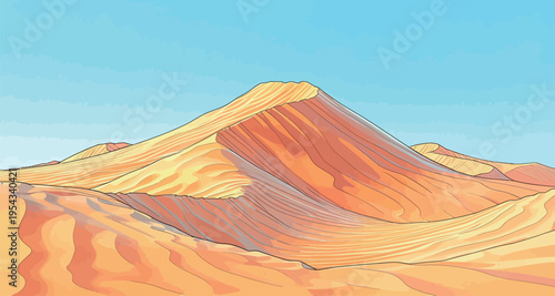 Desert landscape shows sand dunes under clear blue sky with warm tones in the late afternoon light