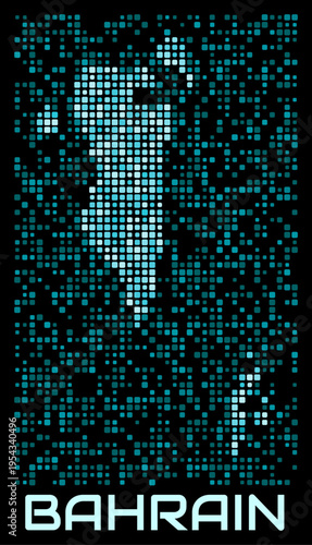 Bahrain digital dotted map. Shape of the country in cyan color palette on dark background. Futuristic Bahrain map design. Vector illustration.