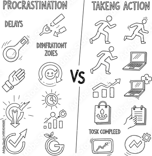 Hand-drawn comparison of procrastination's pitfalls against the benefits of taking action, illustrating productivity, time management, and goal accomplishment